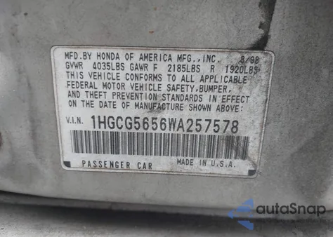 1998 Honda Accord Ex z USA, uszkodzony, nr VIN 1HGCG5656WA257578